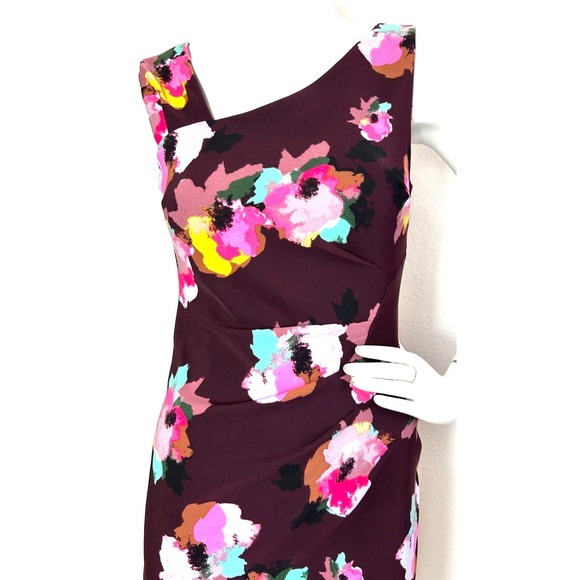 90s Laundry Dress Womens Size XS 2 Plum Jersey Floral Sleeveless Sheath Ruched - Picture 3 of 11